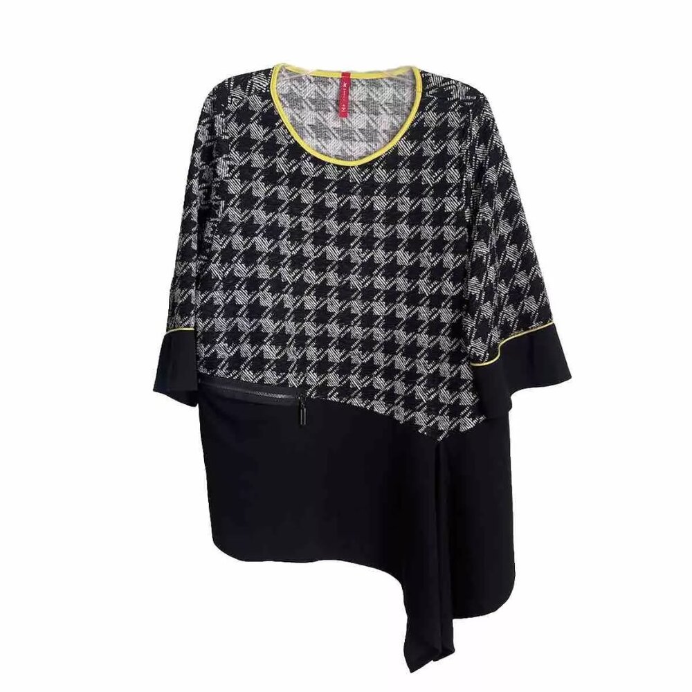 IC Connie K Black Houndstooth 3/4 Sleeve Tunic Art to Wear Artsy Women's